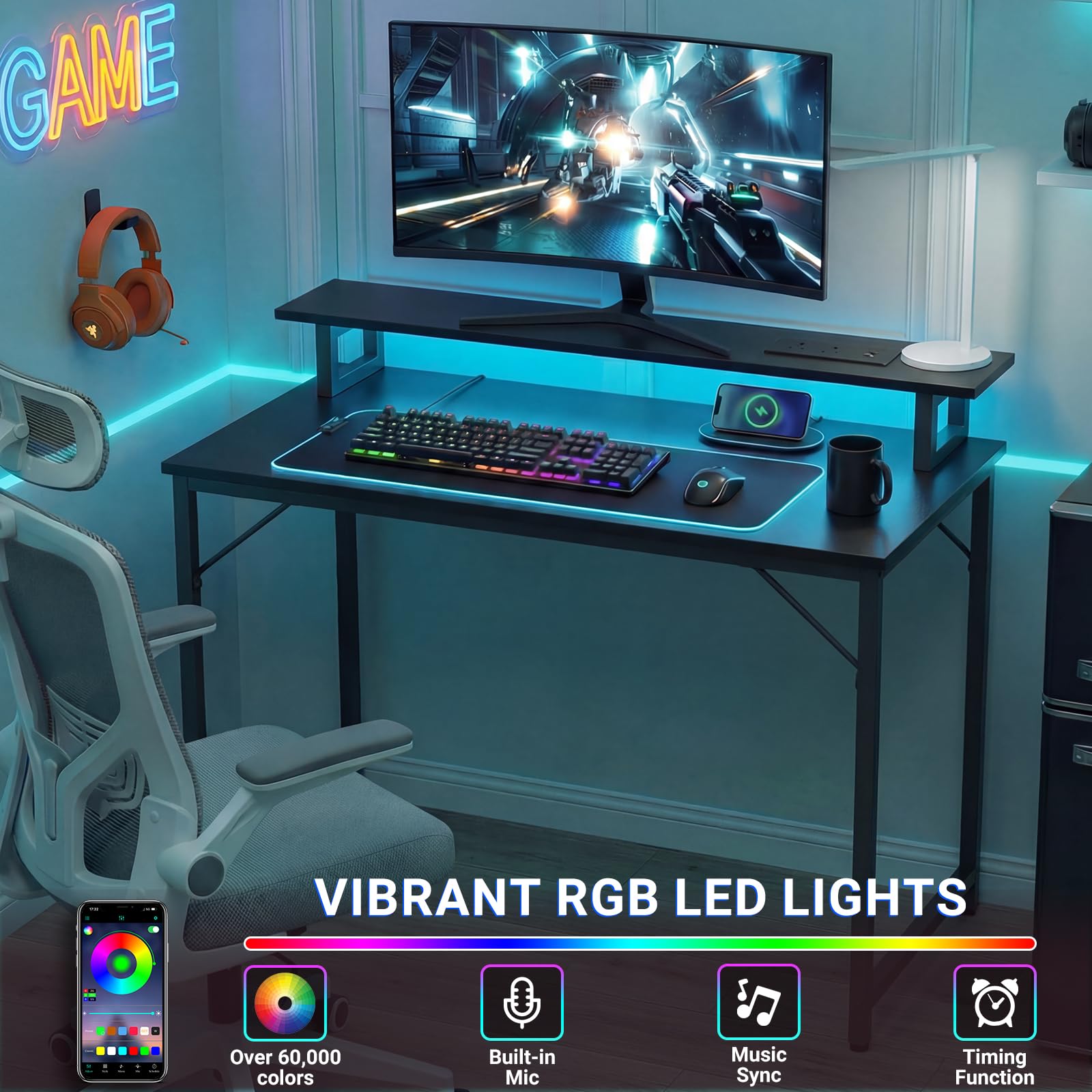 iSunirm Scrivania per computer con strisce elettriche, scrivania da gioco con luci LED, scrivania da lavoro per casa e ufficio con ripiano per monitor, nera