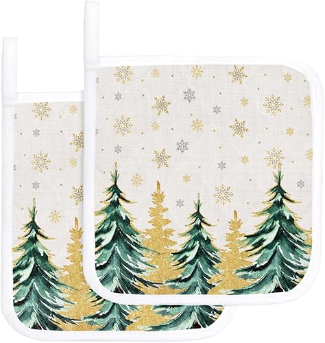 2 PCS Pot Holders with Hanging Loops, Gold Green Heatresistant Potholders Coasters Mat for Kitchen Cooking Baking BBQ Vintage Christmas Tree 2 PCS Pot Holders with Hanging Loops, Gold Green Heatresistant Potholders Coasters Mat for Kitchen Cooking Baking BBQ Vintage Christmas Tree