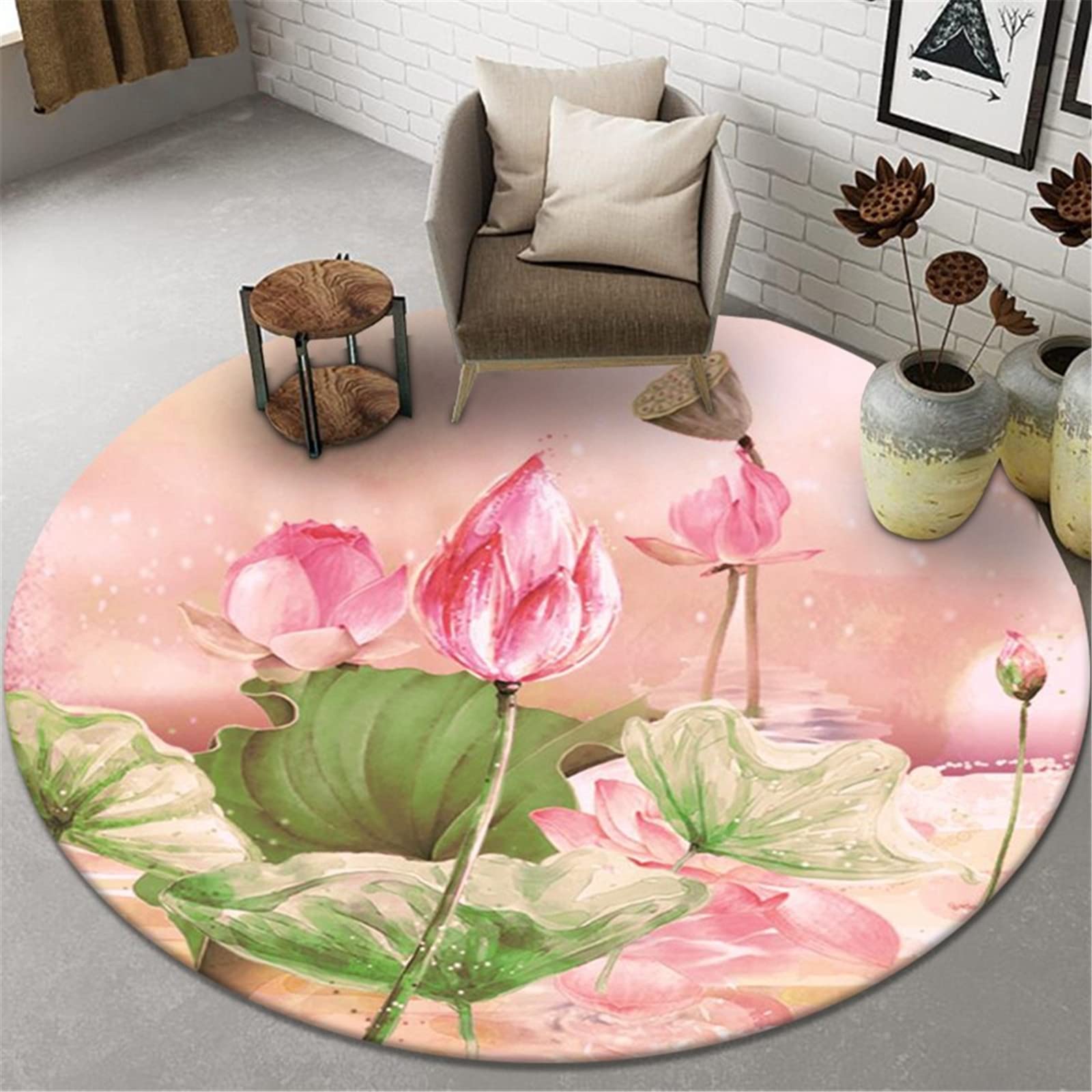 Tapis Rond Imprimé Fleur De Lotus 80 Cm - Doux, Lavable, Antidérapant - Pour Salon, Chambre, Bureau - Déco Vert Et Rose
