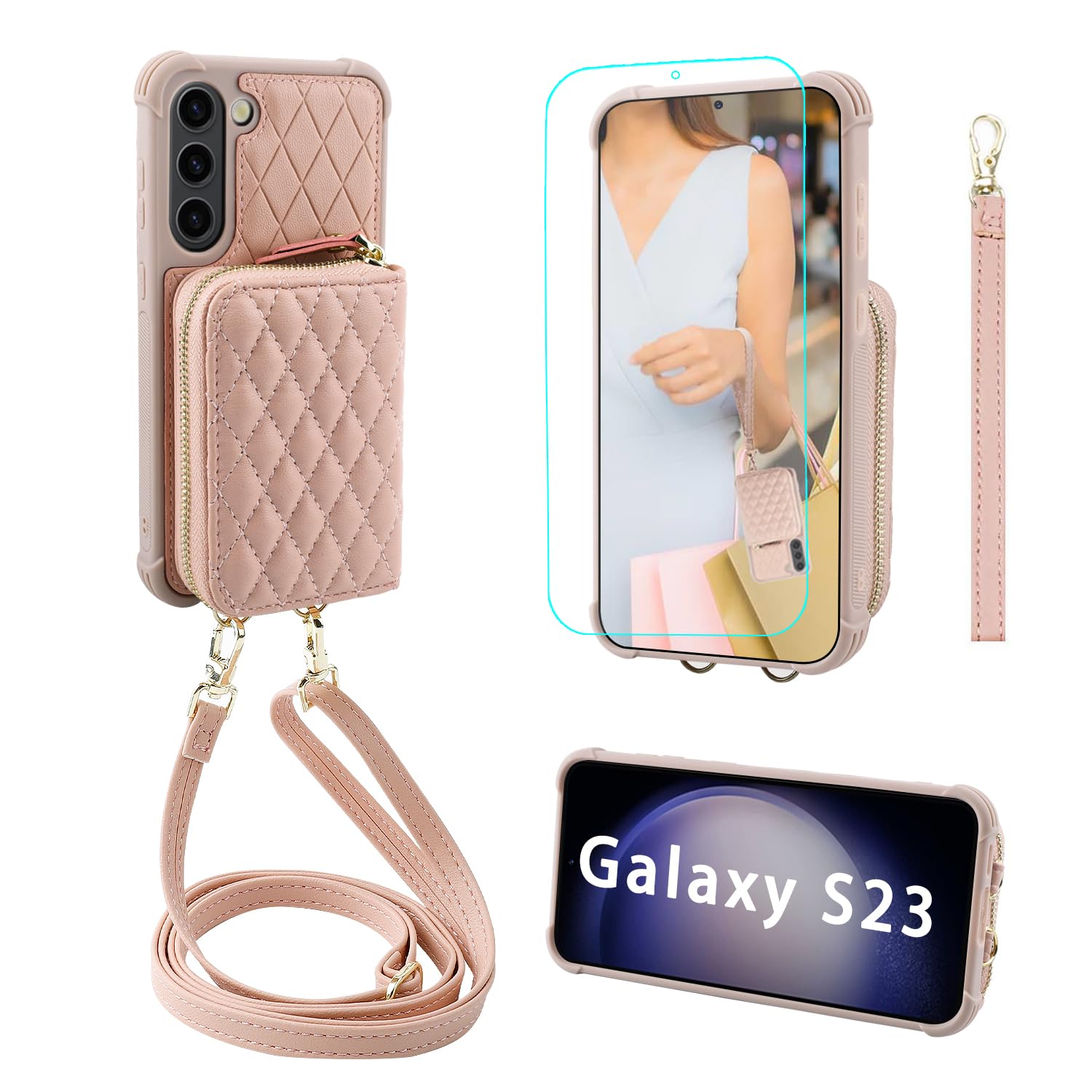 MONASAY Zipper Wallet Case Fit for Galaxy S23, 6.1in [RFID Blocking] Flip Leather Handbag Phone Cover with Card Holder and Crossbody Shoulder Lanyard