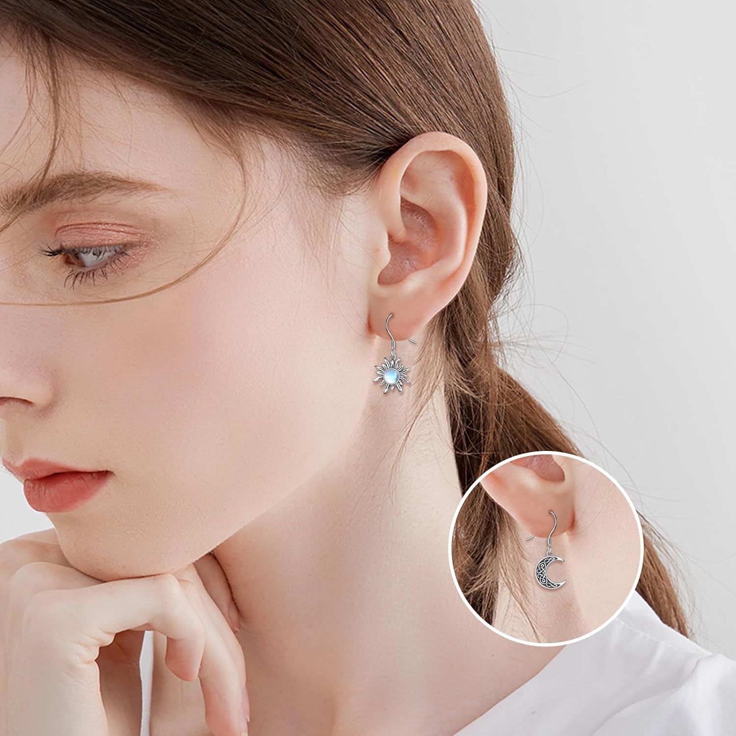 VONALA Sun and Moon Earrings S925 Sterling Silver Crescent Moon Sun Moonstone Dangle Drop Earrings Celestial Jewelry Gifts for Women Daughter Birthday - Image 3