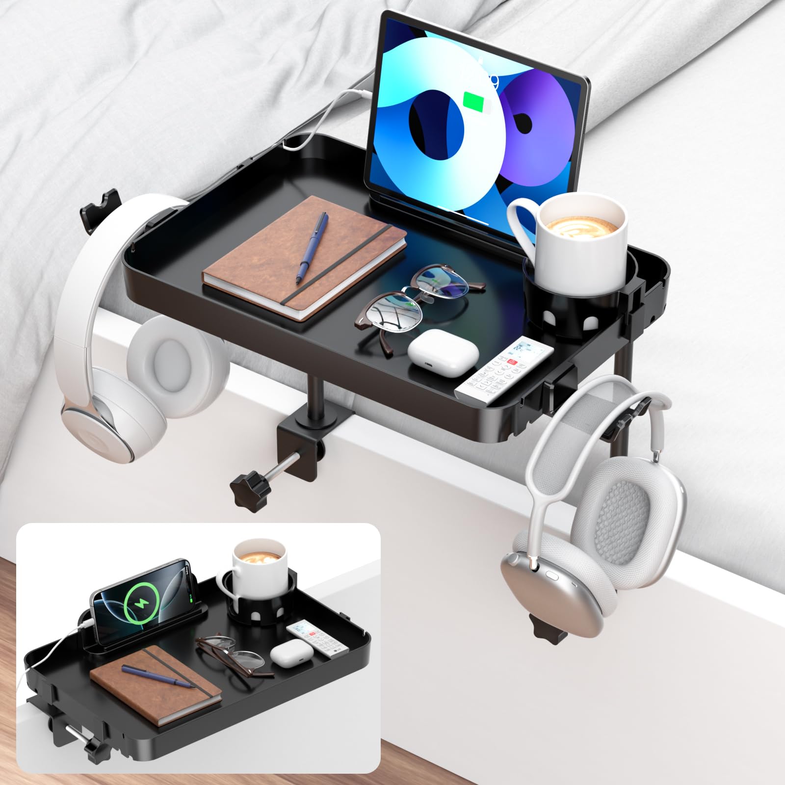 Bedside Shelf Bunk Bed Shelf for Top Bunk Clip on Bedside Table Tray Loft Nightstand Attachable Bedside Table Cup Holder Headboard Organizer