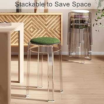 Stackable Stools Set of 2, Transparent Bar Stool Seat, Soft Stool Round Compact Acrylic Stool 18 inch for Family Gatherings, Breakfast Bar,Meeting Stool, Prayer Stool(Color:Clear+White)