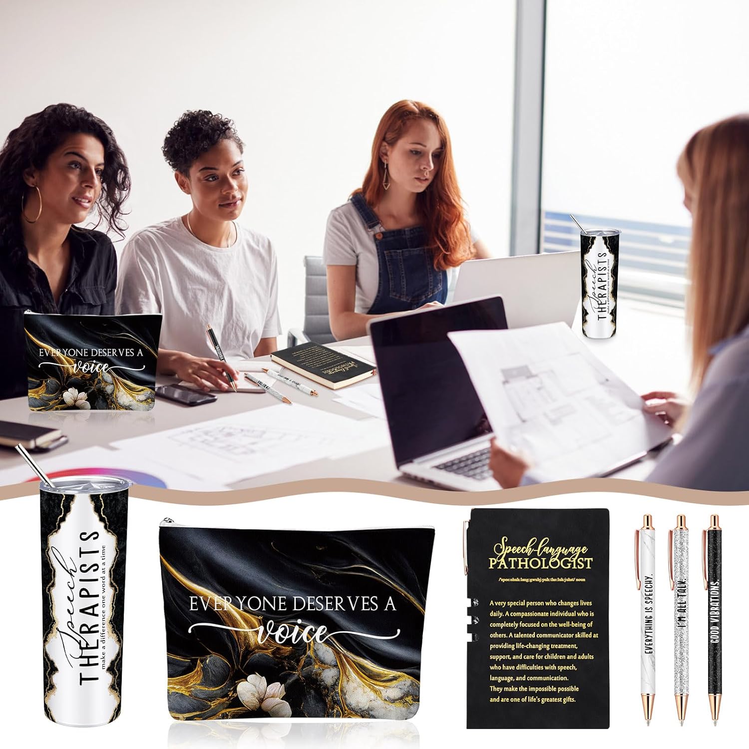 6 Pcs Speech Language Pathologist Gifts Set Speech Therapist Gift Slp Must Haves Notebook Tumbler Makeup Bag Ballpoint Pen Essentials for Women Graduation Retirement Birthday Therapy Gifts(Black) - Image 6