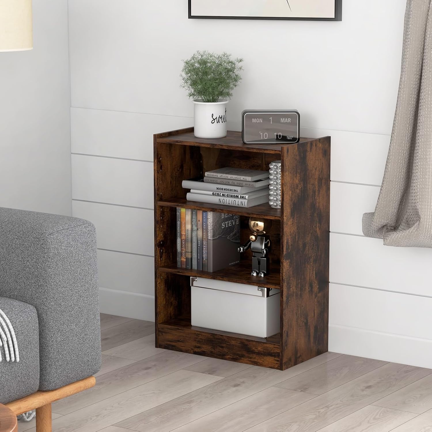 LOKO 3-Tier Open Bookcase, Modern 3-Cube Bookshelf with 18-Position Adjustable Shelves & Anti-toppling Devices, Multipurpose Cubical Display Storage Organizer for Living Room Study (1, Rustic Brown)