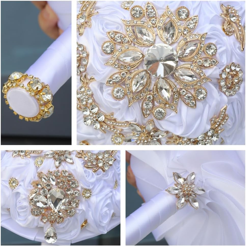 7.5in White Handmade Wedding Bouquet with Luxury Gold Rhinestone Brooch Satin Rose Flower Bridal Bouquet for Bride Bridesmaid Quinceanera Wedding Bouquet White