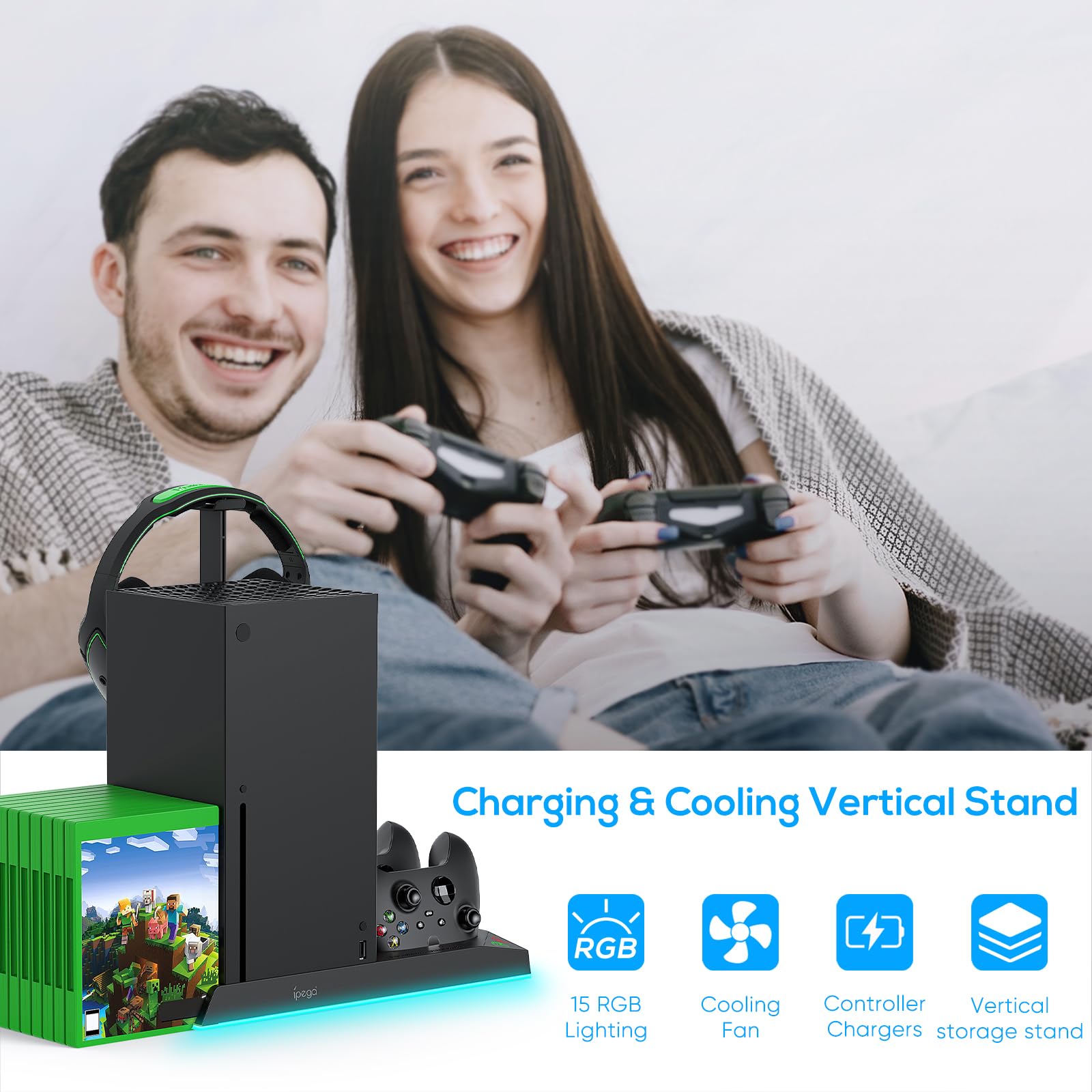 Support de Charge RGB avec Ventilateur de Refroidissement pour Xbox Series X Console & Manette, Station de Chargeur & Refroidisseur Accessoires avec 15 Lumières RGB & 2 x 1400mAh Batterie Rechargeable