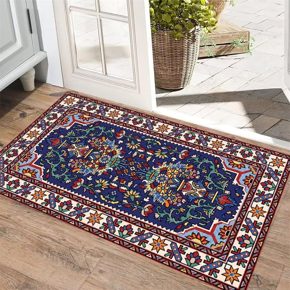 Tapis créateur bleu et rouge au design tapis floral vintage salon