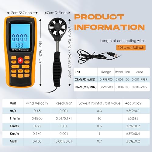 Miniatura 2 de Bonvoisin Anemómetro CFMCMM Medidor de velocidad de flujo de aire de mano Medidores de velocidad del viento con pantalla LCD de retroiluminación