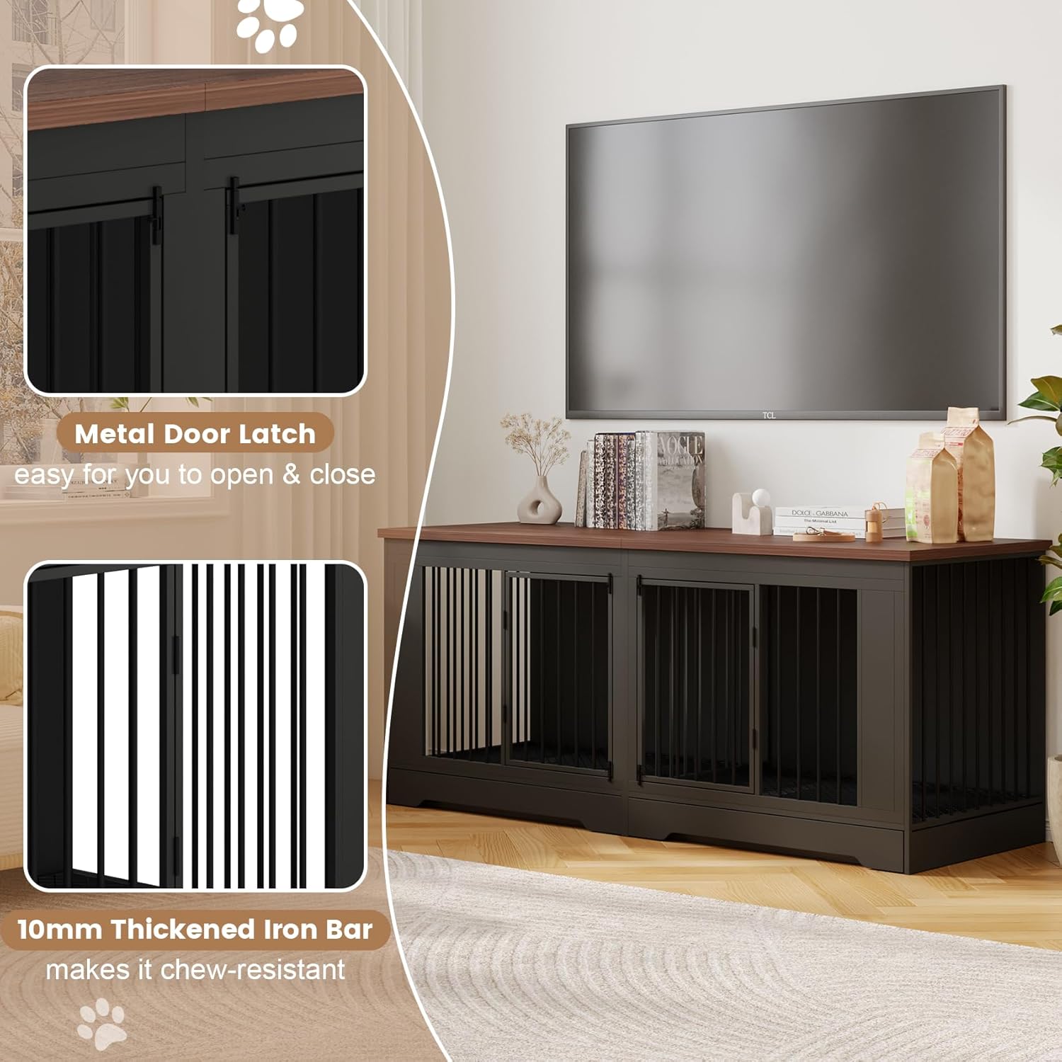 Furniture Style Dog Crate with Tray, 75" L Indoor Wooden Large Dog Kennel Furniture, Heavy Duty Decorative Dog Crate Table and Removable Divider, Black