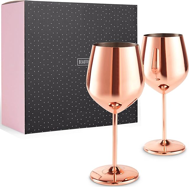 Beautify Copper Finish Wine Glasses, Set of 2 Stainless Steel Cocktail Glasses, Shatter Proof with Gift Box - Perfect Present for Men and Women (Rose Gold)