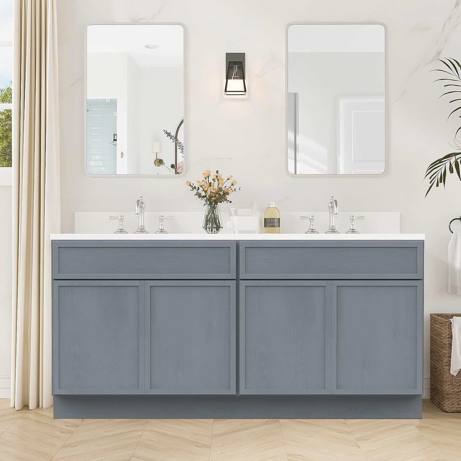 HOMEBEYOND 66 Inch Bathroom Vanity Base Only, Double Vanity Cabinet with Soft Closing Door, 2ea 33 inch Cabinet, Without Top,Brown