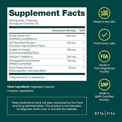 Miniatura 3 de Complejo juvenil de urolitina-A con shilajit, musgo marino orgánico, Ashwagandha y Tongkat Ali, energía natural, libido, equilibrio hormonal y