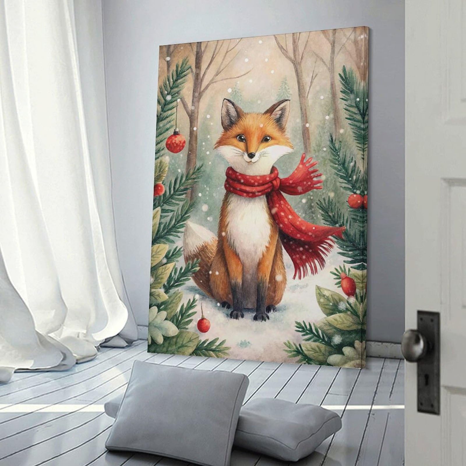 Junmoney Hanging Wall Art Winter Fox with Scarf And Ornaments, 08x12inch(20x30cm), for Living Room, Bedroom Or Apartment Walls, Decorative Artwork for Empty Walls