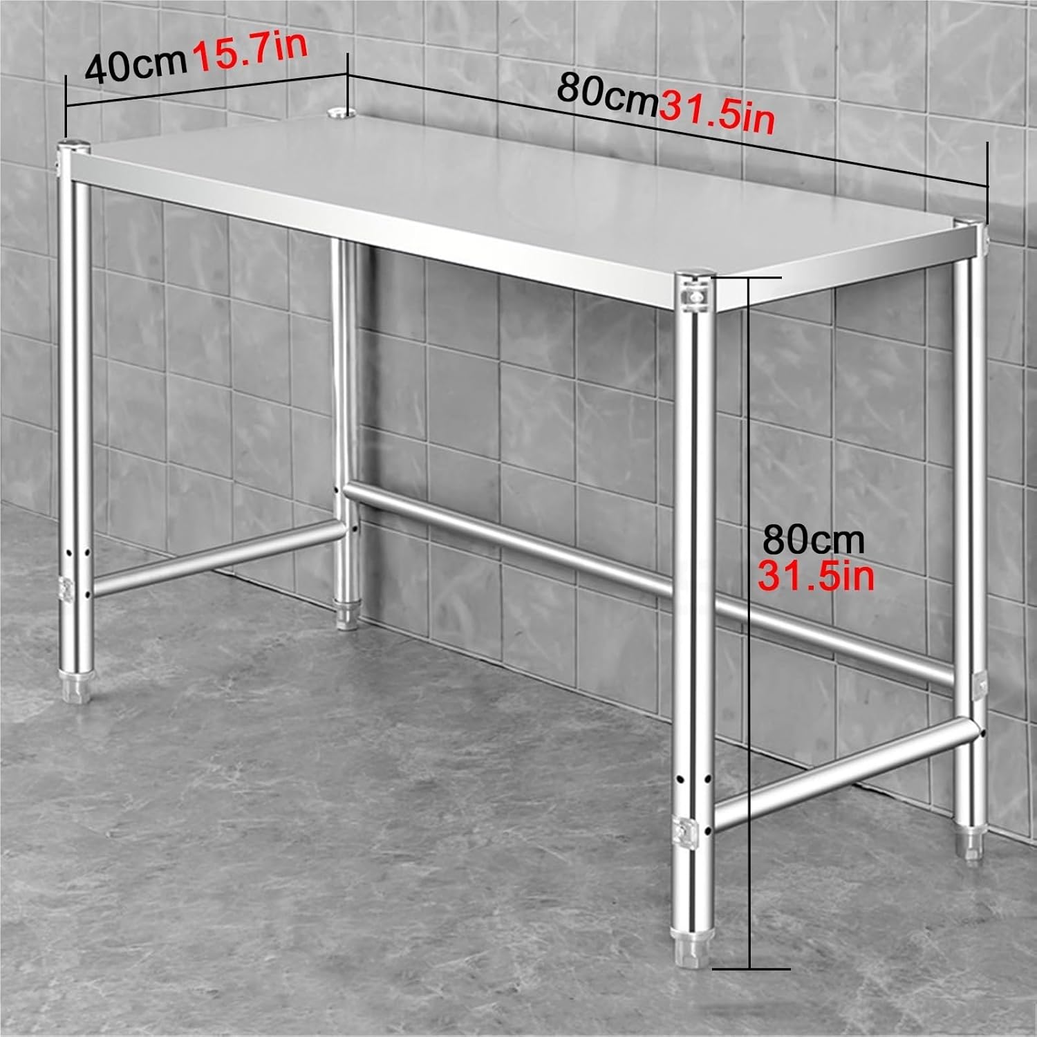 Commercial Stainless Steel Workbench Open-Style Work Table Height 80cm Adjustable Legs Reinforced Leg Crossbars Triangular Support Structure Suitable for Restaurants and Warehouses