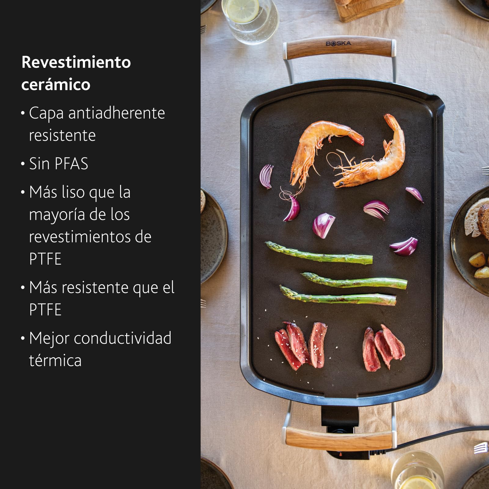 BOSKA Plancha Eléctrica Pro - Plancha para Cocinar XXL 2200 W | Plancha de cocina grande con revestimiento cerámico sin PFAS, asas de roble y superficie amplia para compartir.