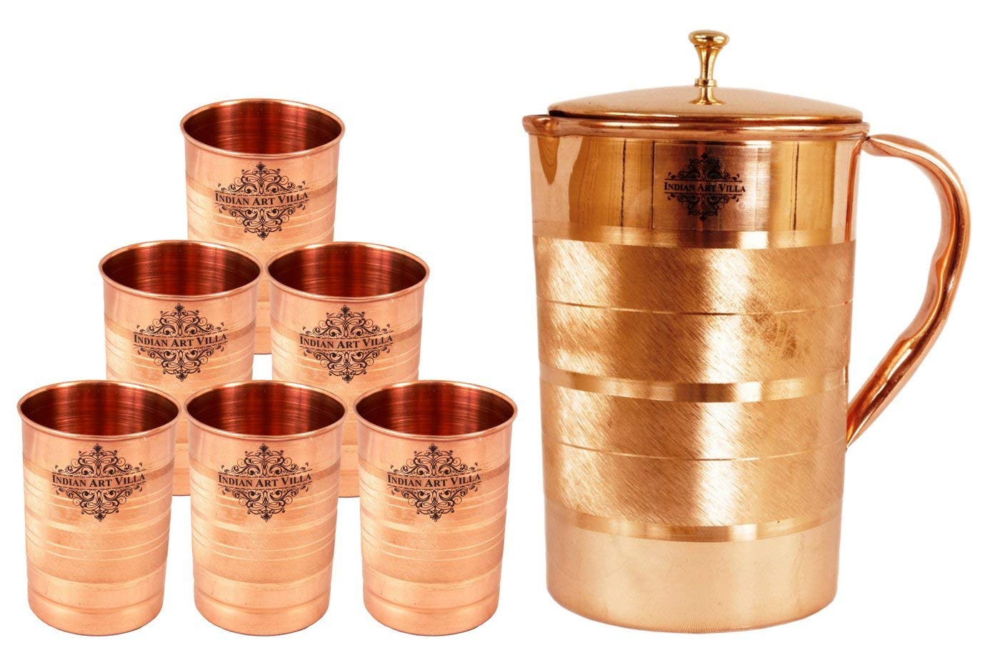 Indian Art Villa Copper Set of 1 Luxury Jug Pitcher 1.75 Litre with 6 Glass Tumbler 300 ML Each - Storage Water Home Hotel Restaurant Tableware Drinkware Good Health Benefit Yoga Ayurveda