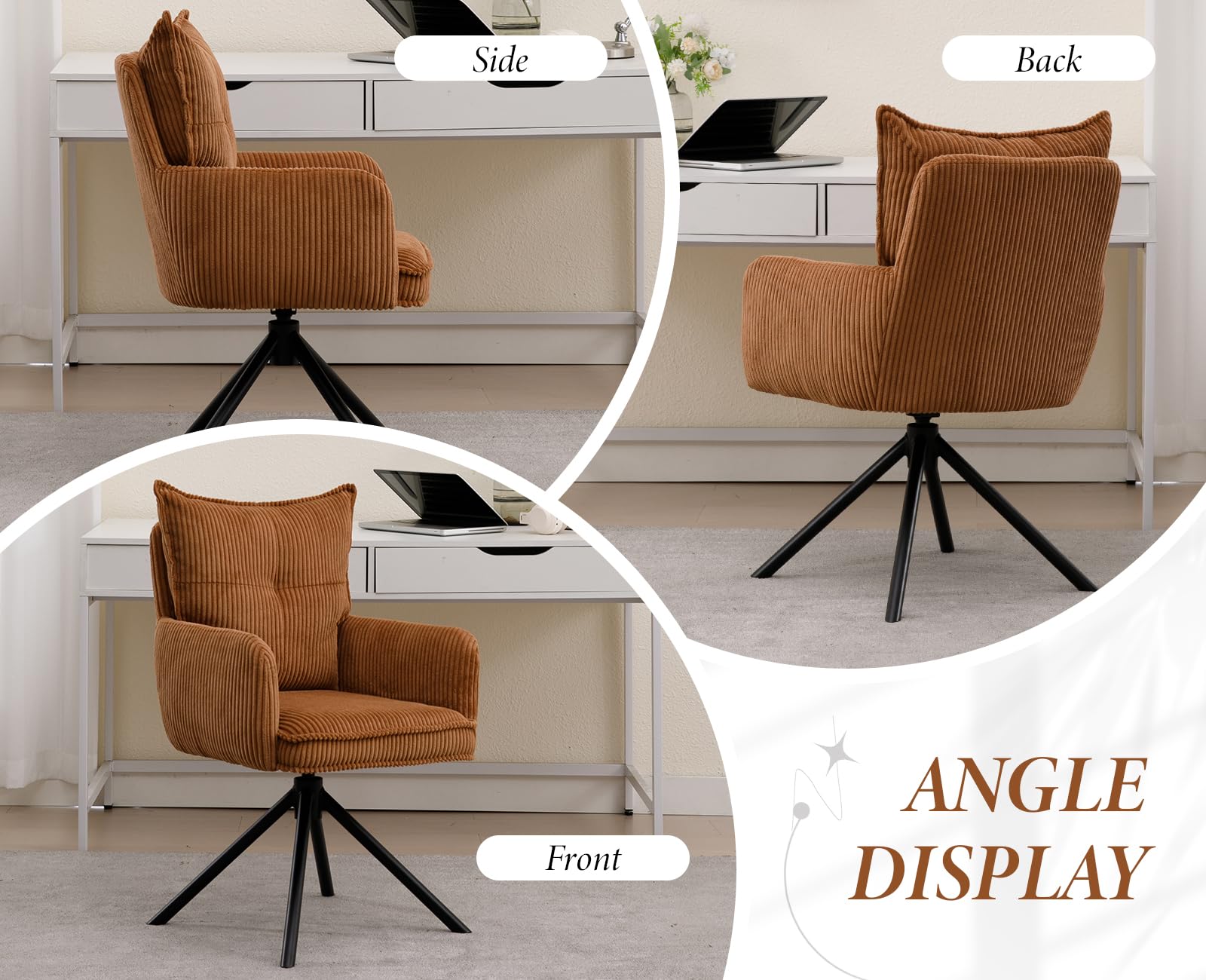 chairus Poltrona da Salotto Girevole Poltrona da Scrivania in Tessuto Poltroncina Imbottita Moderna con Gambe in Metallo Senza Rotelle Poltroncina per Camera da letto/Ufficio, Marrone
