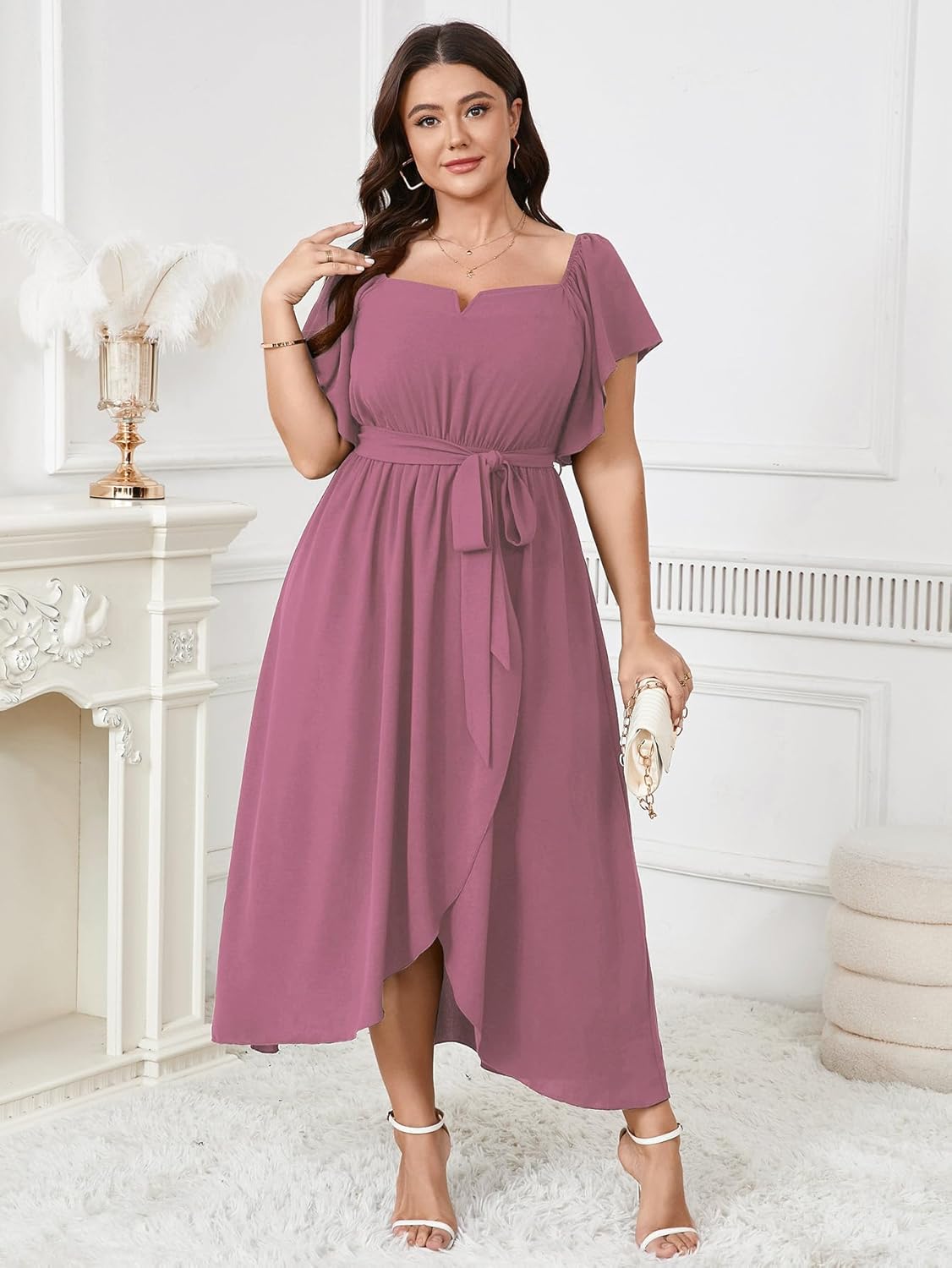 Women's Plus Size Maxi Dress Short Sleeve Square Neck Flowy A Line Wedding Guest Cocktail Long Dress - Image 3