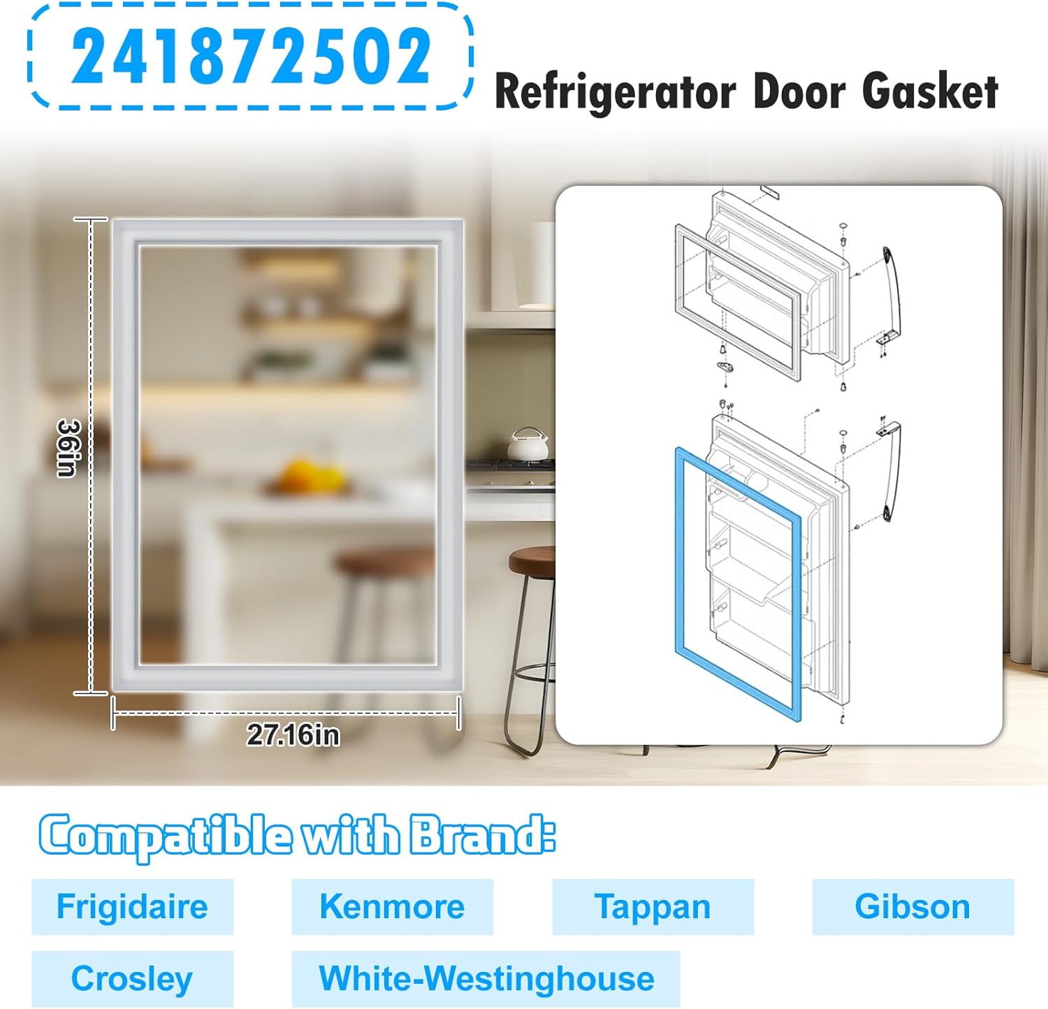 Upgraded 241872502 Refrigerator Door Gasket Compatible with Frigidaire Electrolux Refrigerator Door Gasket 240370902 240514602 Fridge Seal Replacement Kenmore Refrigerator Door Gasket Seal FFTR1513LW8