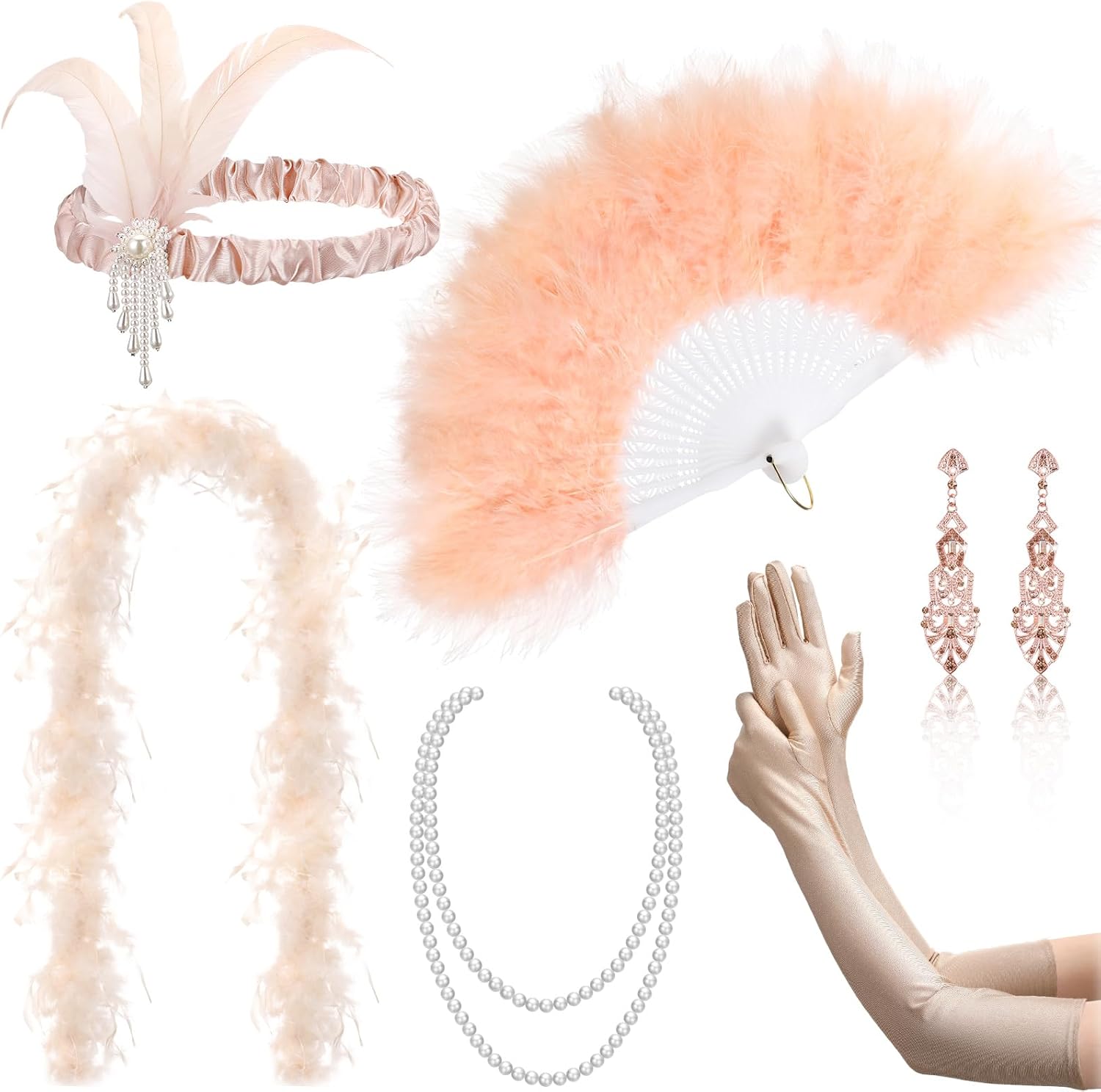 Zhanmai 7 Pcs 1920s Flapper Accessories Gatsby Accessories for Women Roaring 20s Headband Earring Necklace Gloves Feather Fan