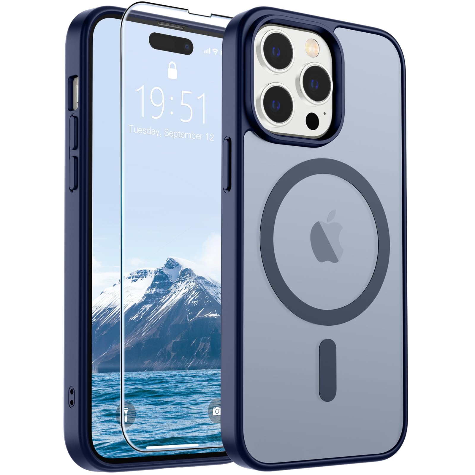 SUPFINE Magnetic for iPhone 14 Pro Case Navy Blue | With Screen Protector, Translucent Matte, Compatible with MagSafe, Military Grade Drop Proof, Rugged Shockproof Protective
