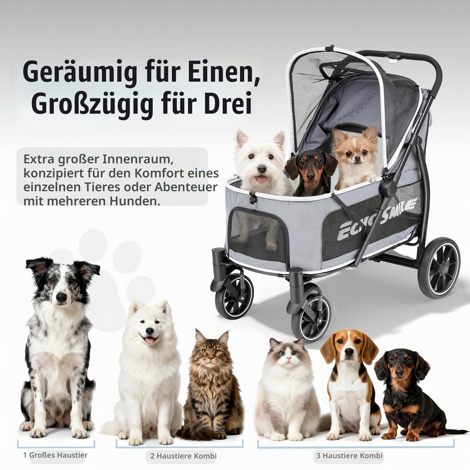 EchoSmile Hundewagen für Große Hunde bis 70kg, Faltbar Hundebuggy mit Netzfenstern, Verstellbarem Griff & 4 Geländegängige Räder, Grau + Weiß