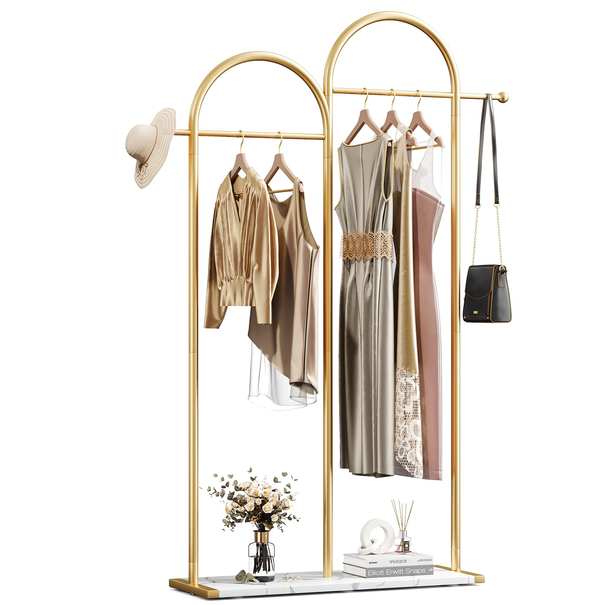 Raybee 76.7" H Coat Racks, Gold Clothing Racks for Hanging Clothes, Freestanding Clothes Rack, Morden Luxury Coat Rack with Shoe Storage, Entryway, Bedroom, Boutiques