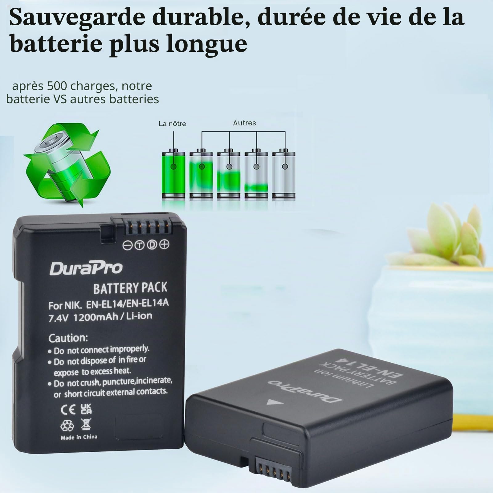 Batterie DuraPro 2Packs 1200mAh EN-EL14 EL14A + Chargeur Double LED pour Nikon EN-EL14 EN-EL14a; P7800 7700 7100 7000 D5600 D5500 D5300 D5200 D5100 Série 3000 D3400 D3300 D3200 D3100 Appareils Photo