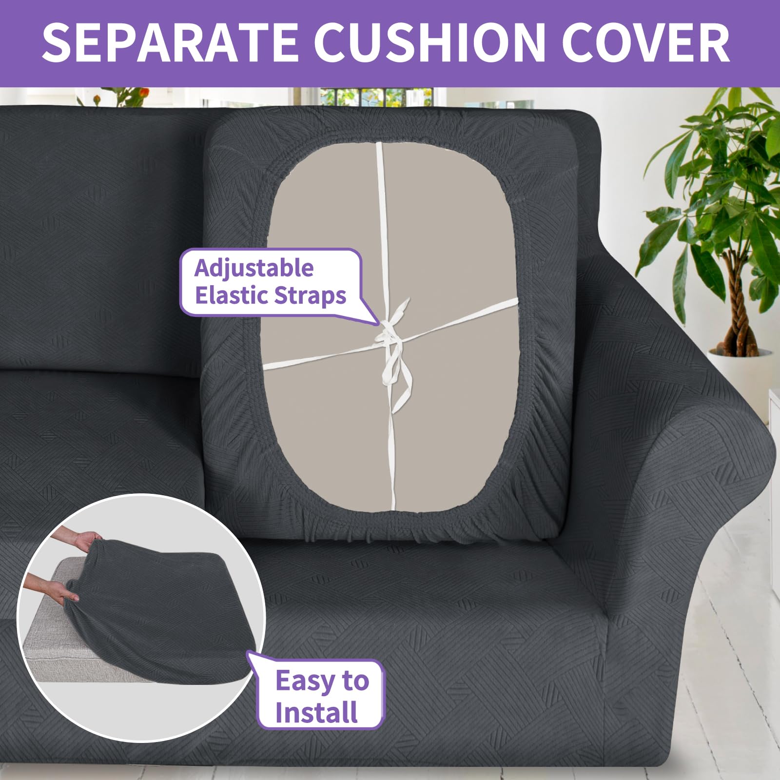 ZNSAYOTX Super Stretch Sofa Slipcovers 4 Piece, 2023 Stripe Jacquard Couch Covers for 3 Cushion Sofa, Dog Cat Pets Proof Universal Soft Couch Protector Washable Durable Anti Slip (71"-91", Dark Grey)