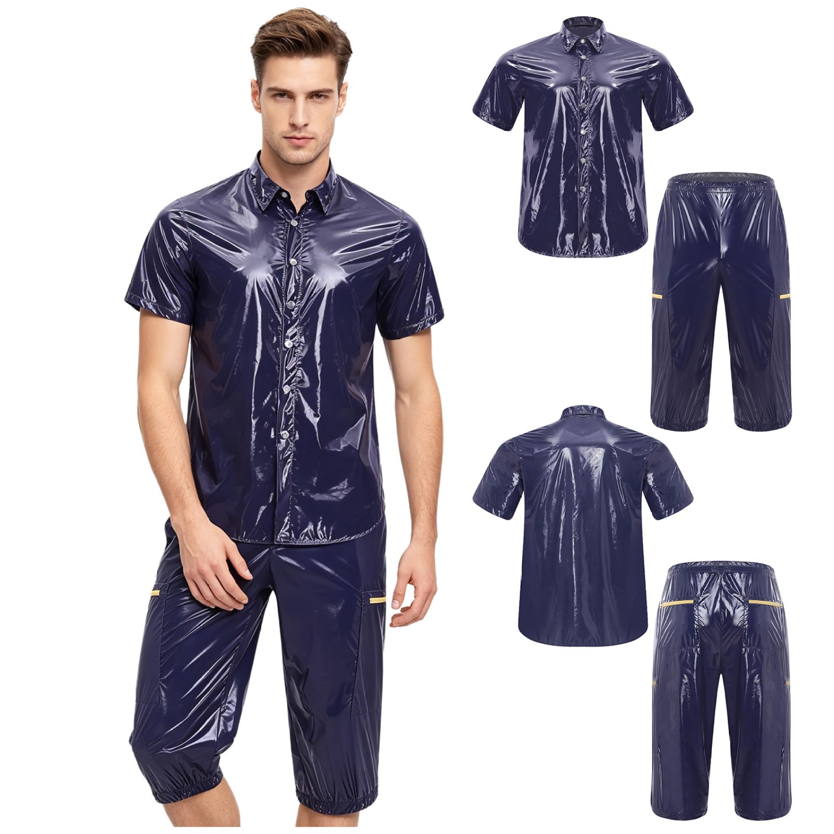 Uomo Look Wetlook Abito Due Pezzi Camicia E Pantaloni Corti Party Discoteca Outfit Blu scuro L