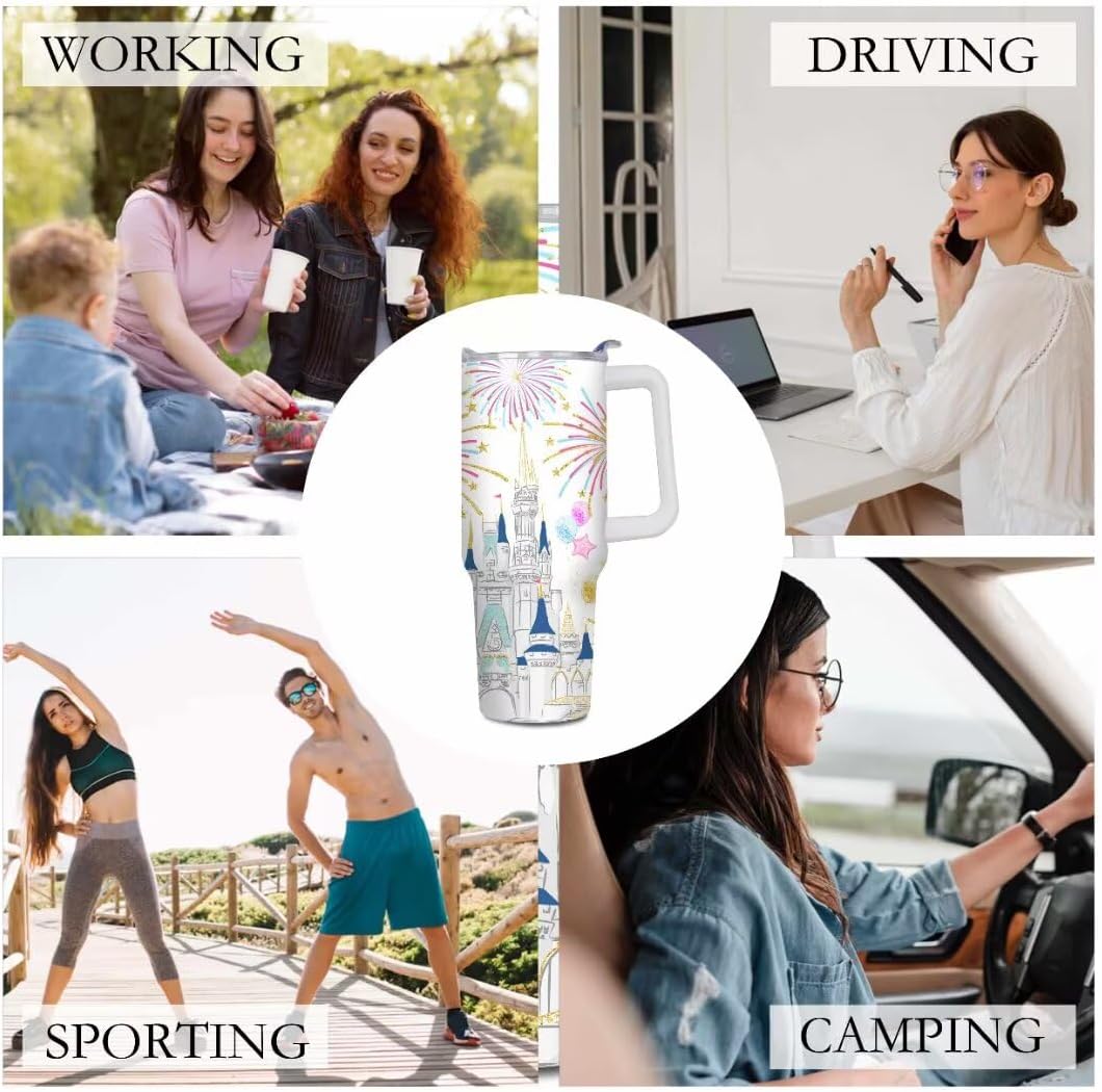 Cartoon Castle Tumbler 40 oz, Firework Tumblers with Lids and Straws, Insulated Cup Stainless Steel Travel Mug, Birthday Christmas Gifts - Image 3