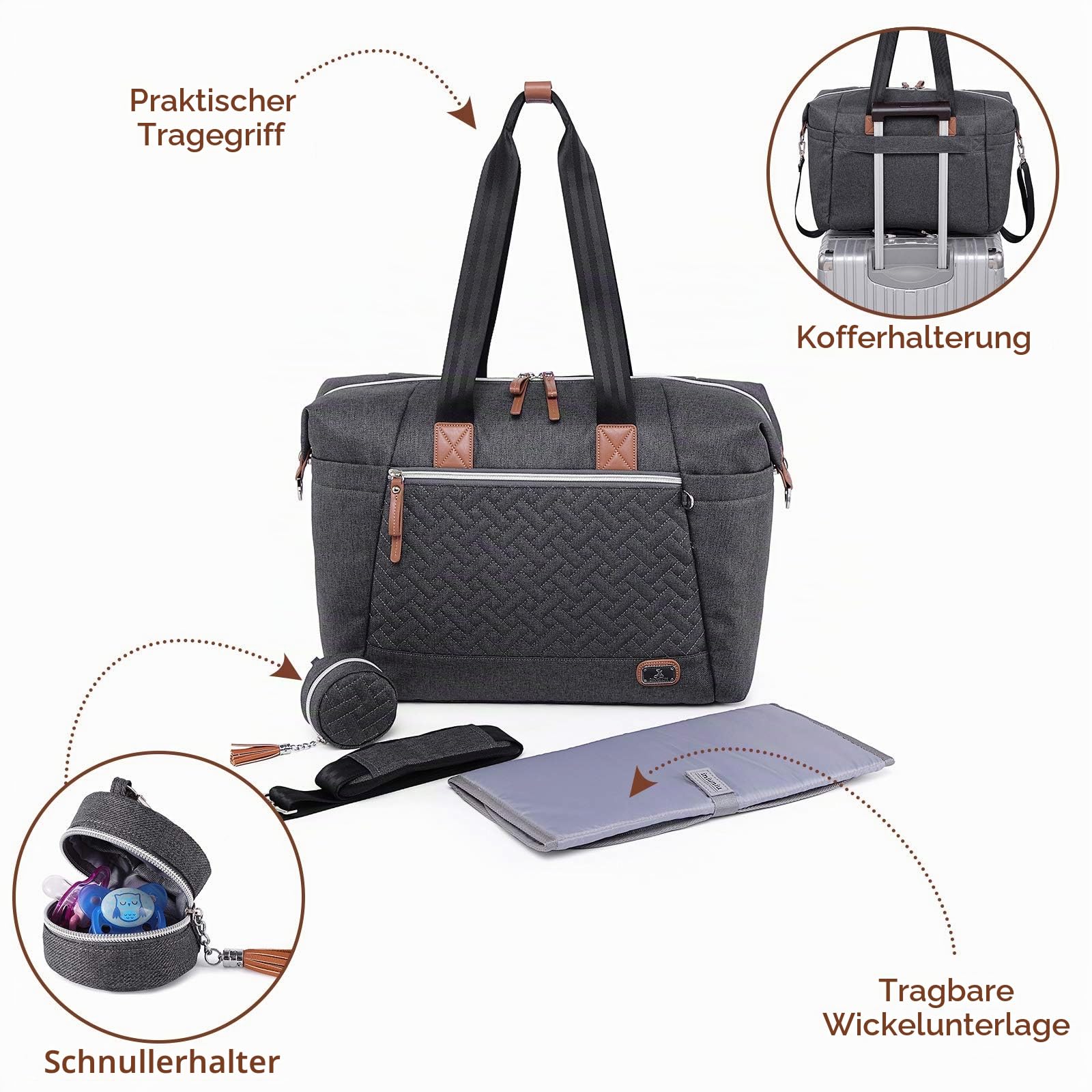 Dikaslon Wickeltasche mit Schnullertasche und Wickelunterlage, Große Reisewindeltasche für Mama und Papa, Multifunktions-Babytasche für Jungen und Mädchen (Dunkelgrau)