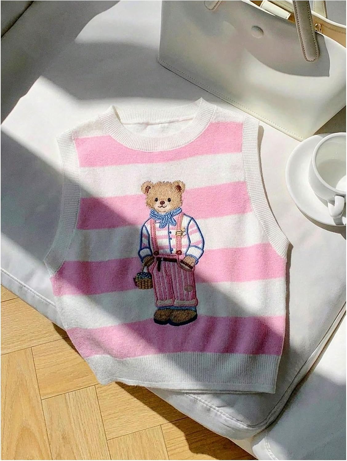 RoseSeek Women's Striped Bear Embroidery Knit Vest Crew Neck Sleeveless Sweater Vests Cute Pullover Tops