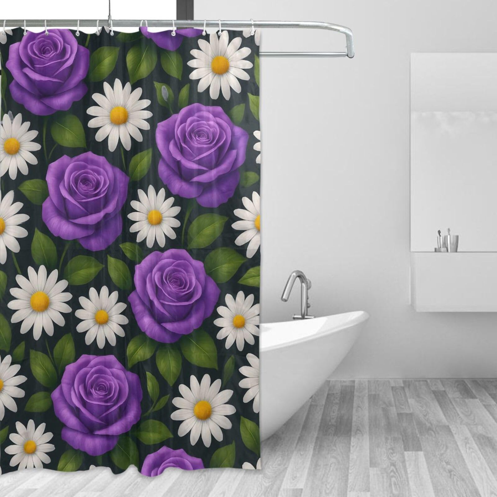 DUOBU Purple Roses White Daisies Shower Curtain Washable Waterproof Fabric Bath Curtain 60x72Inch Shower Curtains with Hooks for Bathroom Decor