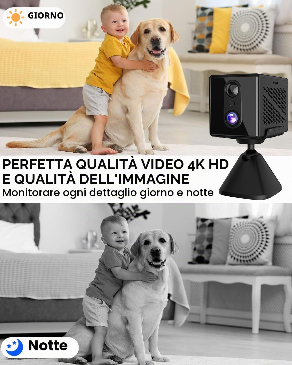 aidowocam Mini telecamera, 5G WiFi telecamera di sorveglianza interna, telecamera di sorveglianza interna, archiviazione cloud gratuita, batteria a lunga durata in standby, rilevatore di movimento