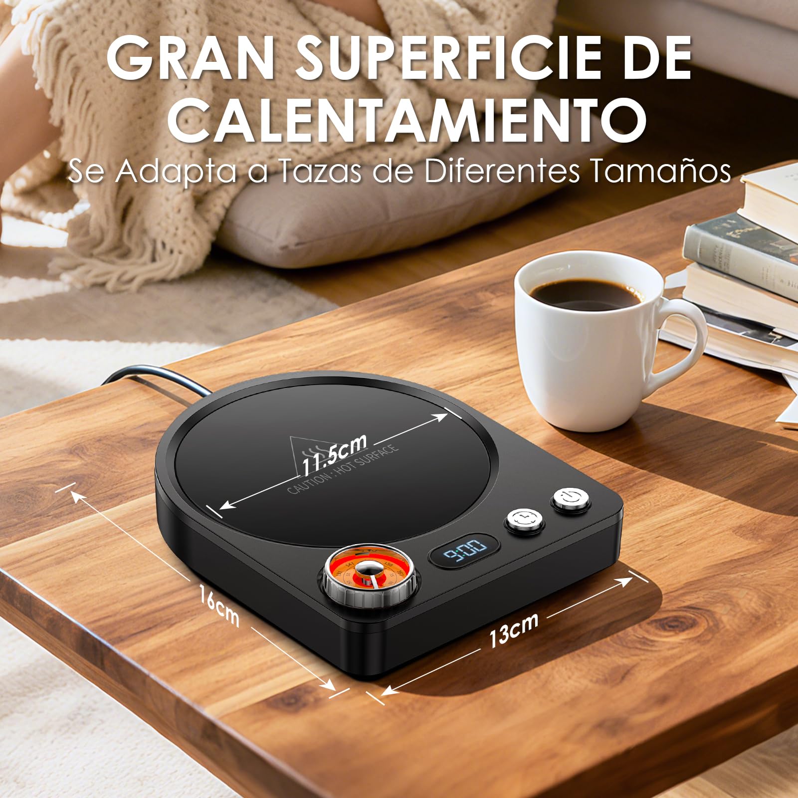 Accwork Calentador de Tazas de Escritorio con 9 Ajustes de Temperatura, Control Giratorio, Temporizador de 0,5 a 9 H, Apagado Automático y Mantiene Calientes El Té, La Leche y El Café