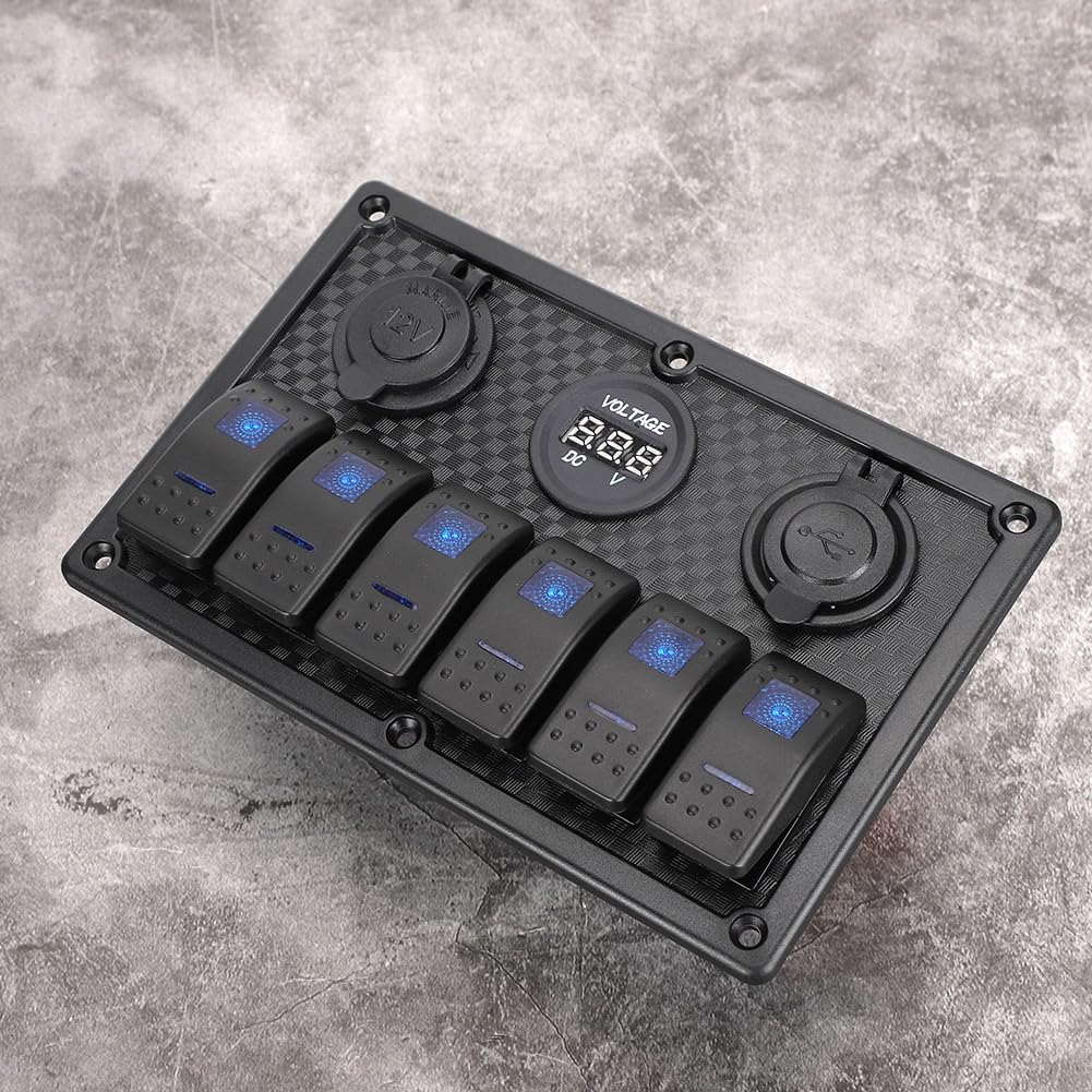 Panel przełączników kołyskowych 6-krotny wodoodporny, wstępnie okablowany z gniazdem zapalniczki 2 wyświetlacz woltomierza USB 12 V 24 V do samochodu ciężarówka łódź RV czarny ABS