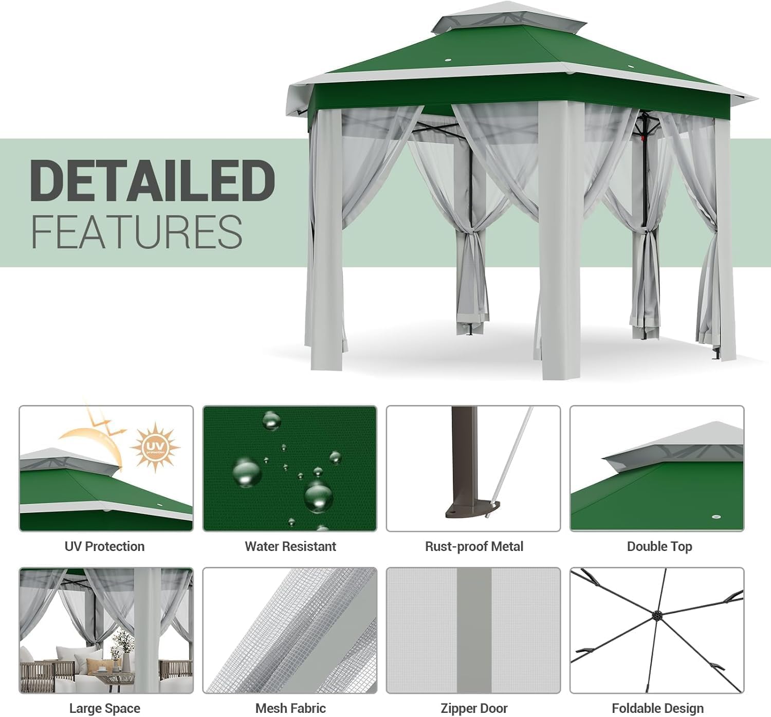 Detailed features of the gazebo including UV protection, water resistance, rust-proof metal frame, double top, large space, mesh fabric, zipper door, and foldable design.