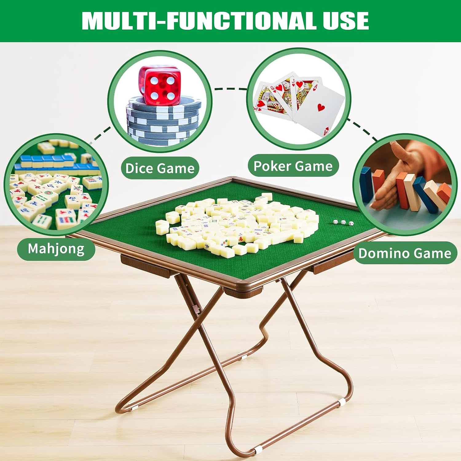 Folding Mahjong Table,Square 4 Player Card Table with Cup Holders and Drawer, Portable Game Table for Mahjong Poker Domino(28.74" D x 34.65" W x 28.34" H, D)