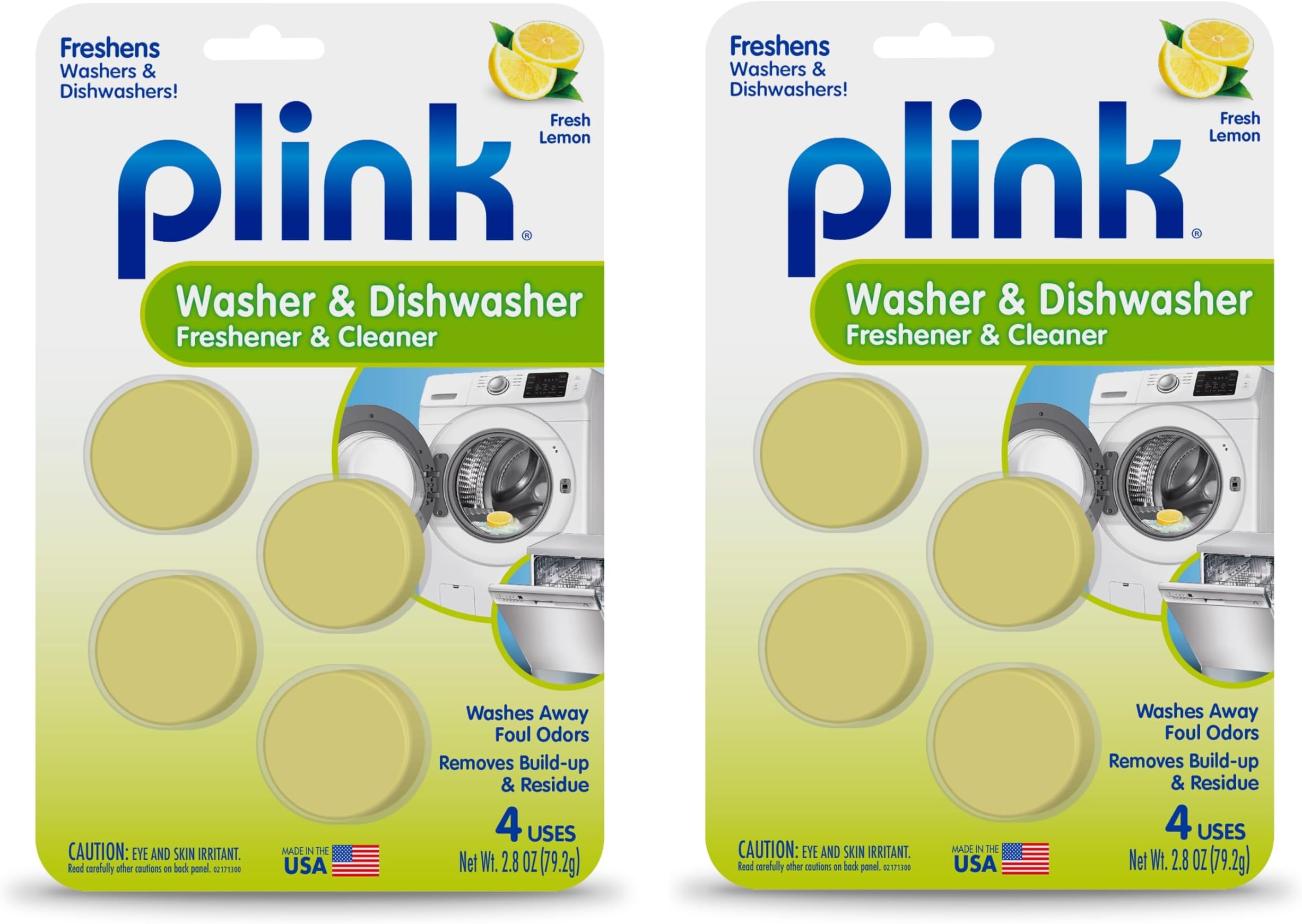 Plink Washer and Dishwasher Freshener and Cleaner, Prevents Residue, Removes Odors in Kitchen and Laundry Room Appliances, Septic-Friendly, Fresh Lemon Scent, 2 Packs of 4, 8 Tablets Total