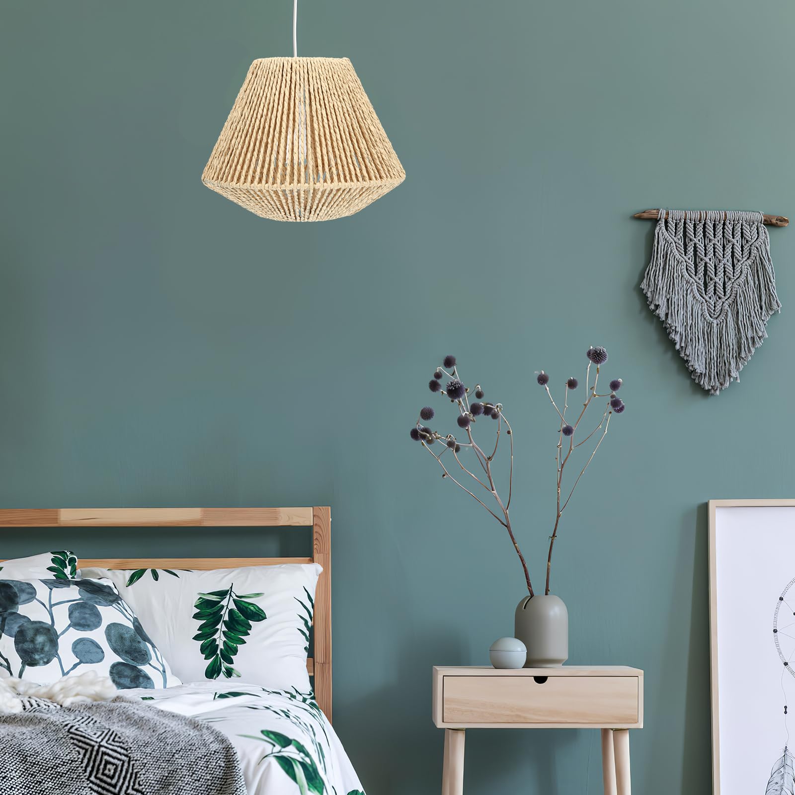 Mikikit Plafoniera I ntrecciata, Paralume Boho in Rattan Vimini Lampada Da Soffitto In Corda Di Paglia Naturale Con Paralume In Rattan Luce A Muro