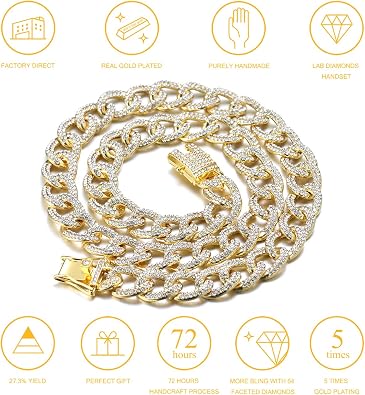 Halukakah Cuban Link Chain for Men Iced Out,14MM Oval 18k Real Gold Plated/Platinum White Gold Finish Necklace,Full Cz Diamond Cut Prong Set,Gift for Men