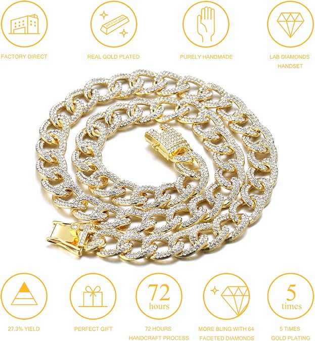 Halukakah Cuban Link Chain for Men Iced Out,14MM Oval 18k Real Gold Plated/Platinum White Gold Finish Necklace,Full Cz Diamond Cut Prong Set,Gift for Men