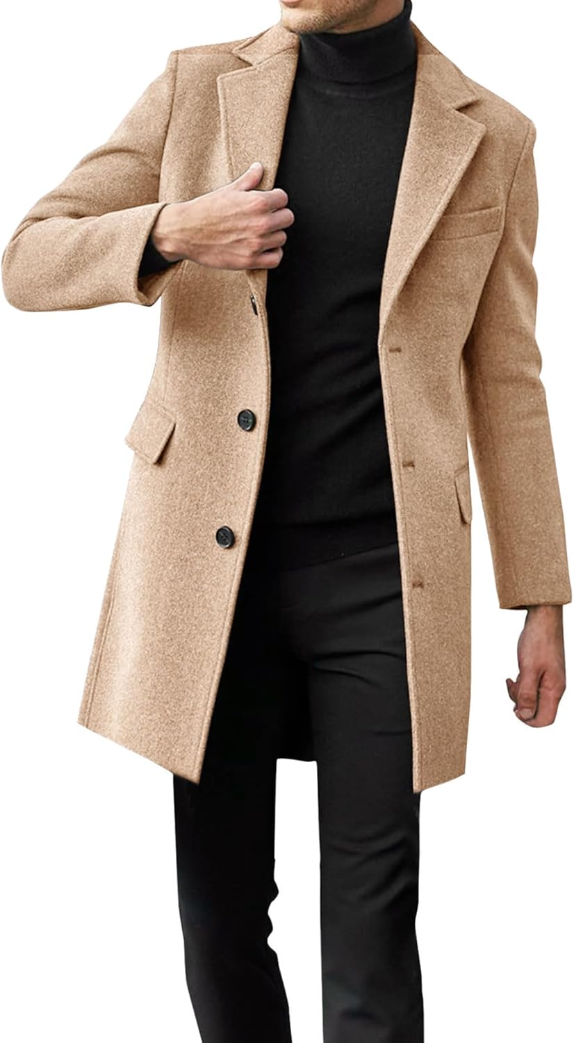 Beotyshow Mens Single Breasted Trench Coat Winter Pea Coat Notch Lapel Long Casual Overcoat - Image 2