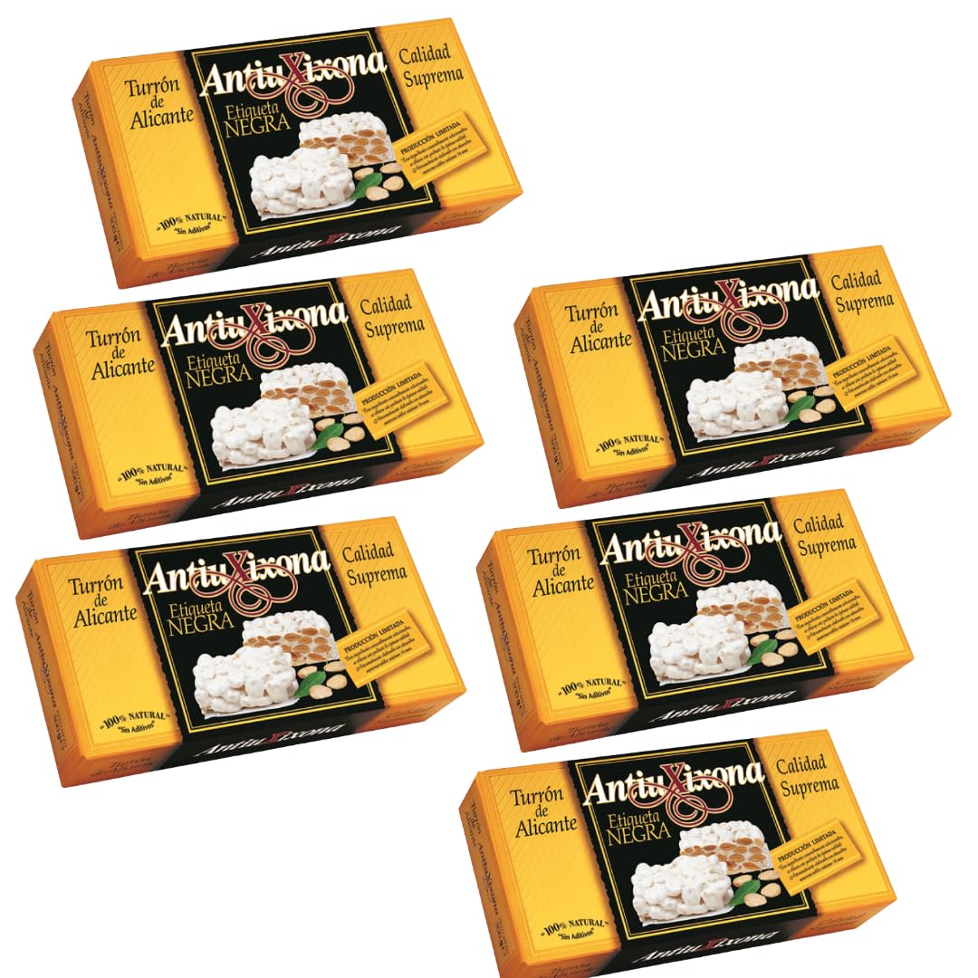 Pack de 6 Turrones Duros de Alicante Antiu Xixona Etiqueta Negra, 150g, Artesanales de Jijona