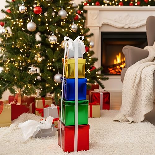Vista 5 de Cholemy 5 cajas de regalo para Navidad con tapa y cinta, cajas de anidación cuadradas de tamaño mixto, cajas de envoltura de regalo, cajas 5