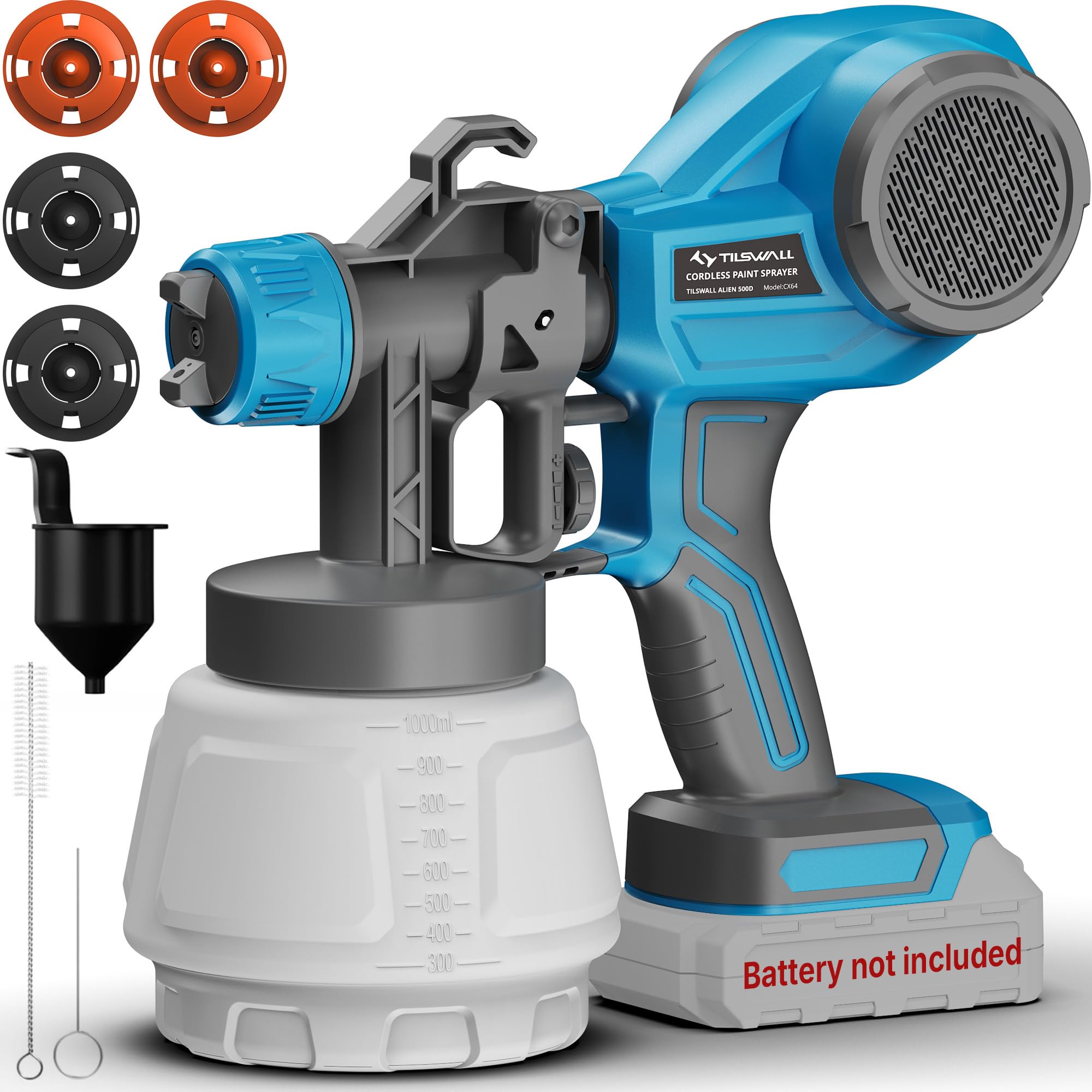 Tilswall Cordless Paint Sprayer Alien500 HVLP Electric Spray Gun, Compatible with 18V Makita Battery, 1000ml Paint Sprayer for Walls, Furniture & House Painting, Lightweight (Battery Not Included)
