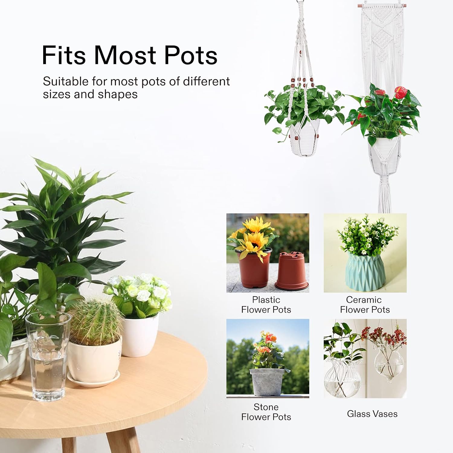 VIVOSUN 4-Pack Macrame Plant Hanger with Hook 4 Legs Cotton Rope Hanging Plant Holder for Indoor and Outdoor Decor, White