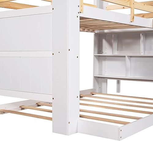 Miniatura 7 de Woanke Litera individual sobre matrimonial con escalera y estantes de almacenamiento de escritorio estructura reforzada marco de cama de madera